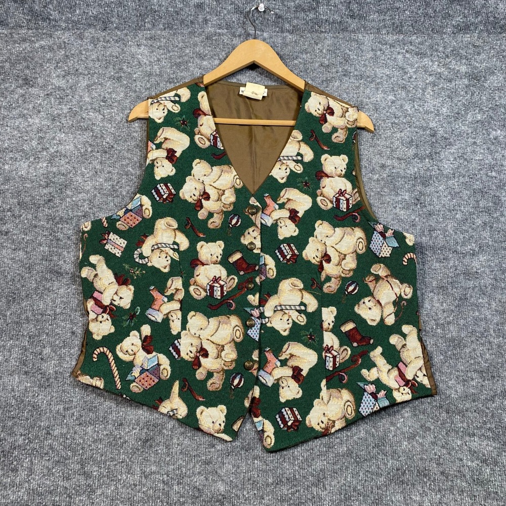 White Stag Vintage Christmas Teddy Bear Tapestry Vest Green XL 511480WS